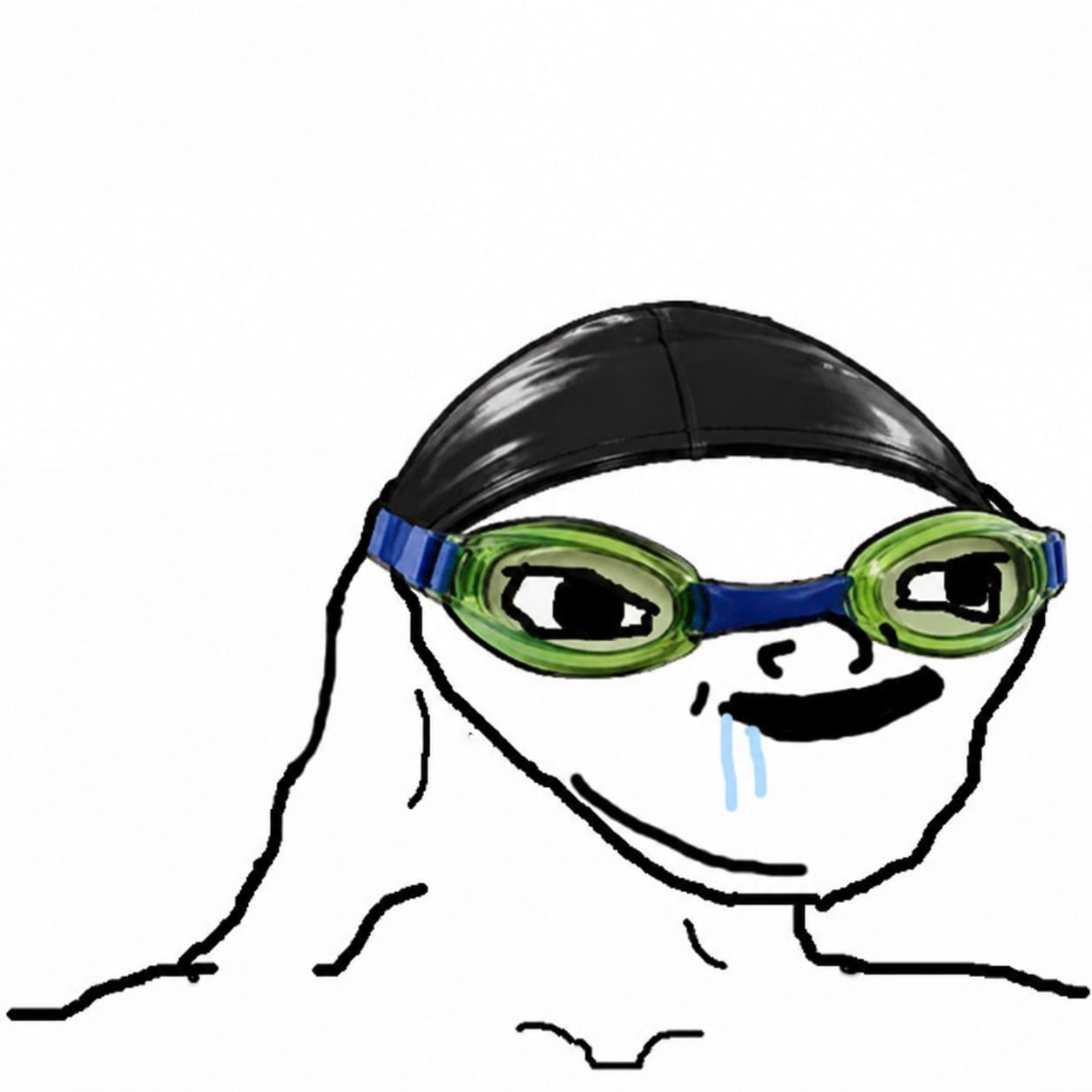 NasRetard wearing a black swim cap and green swimming goggles
